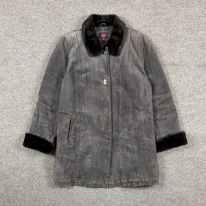 Vintage Y2K Gallery Brown Grey Suede Leather Coat Faux Fur Trim Jacket Womens XL